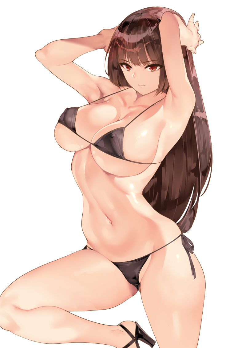 armpits arms_behind_head arms_up bangs bare_shoulders bikini black_bikini blush breasts brown_eyes brown_hair cleavage collarbone covered_nipples female female high_heels large_breasts long_hair looking_at_viewer navel original saburou_(hgmg) smile solo swimsuit thighs