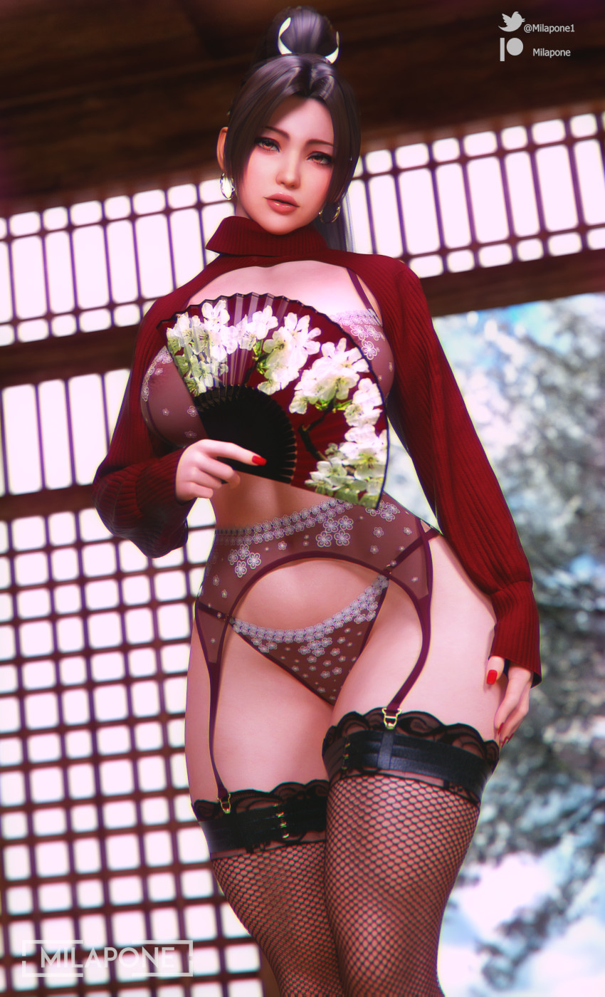 1girls, 3d, bra, breasts, brown eyes, brown hair, fatal fury, female, female only, g-string, garter belt, garter straps, hi res, king of fighters, large breasts, lingerie, lipstick, mai shiranui, milapone, panties, red lingerie, snk, solo, thighhighs, thighs, wide hips
