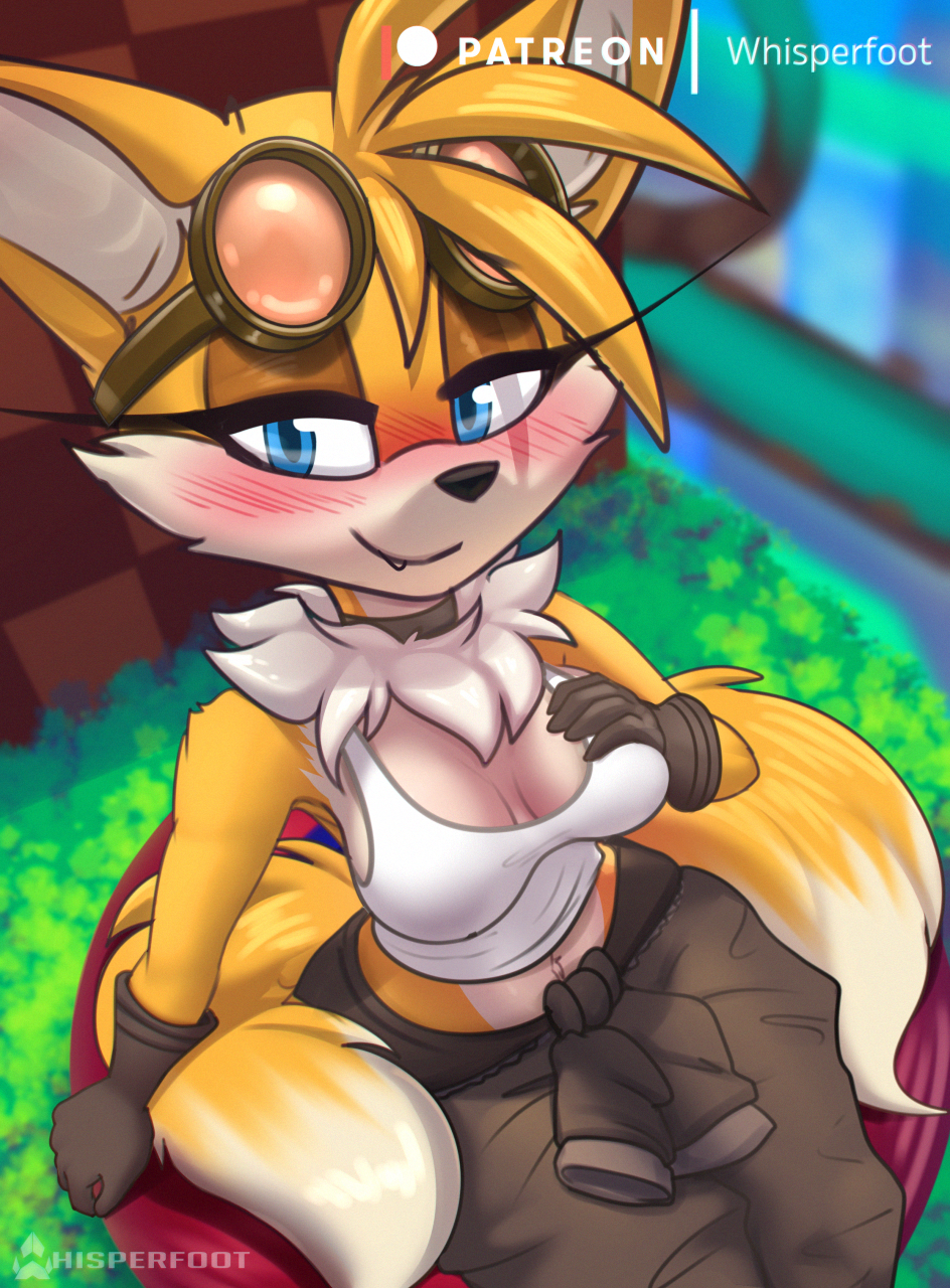 2022 2_tails anthro arm_support artist_name belly_button black_nose blue_eyes blue_iris blush blushing_at_viewer breast_grab breasts canine canine_humanoid clothed clothing cute eyelashes female female_only fox fox_humanoid furry furry_female furry_only gloves goggles goggles_on_head grabbing_own_breast looking_at_viewer mammal mammal_humanoid multicolored_body multicolored_fur multiple_tails neck_tuft neckwear oerba_yun_fang orange_eyeshadow pants patreon patreon_logo patreon_username rule_63 sitting solo solo_female sonic_(series) tail tails tailsko tuft whisperfoot white_body white_fur white_sclera yellow_body yellow_fur