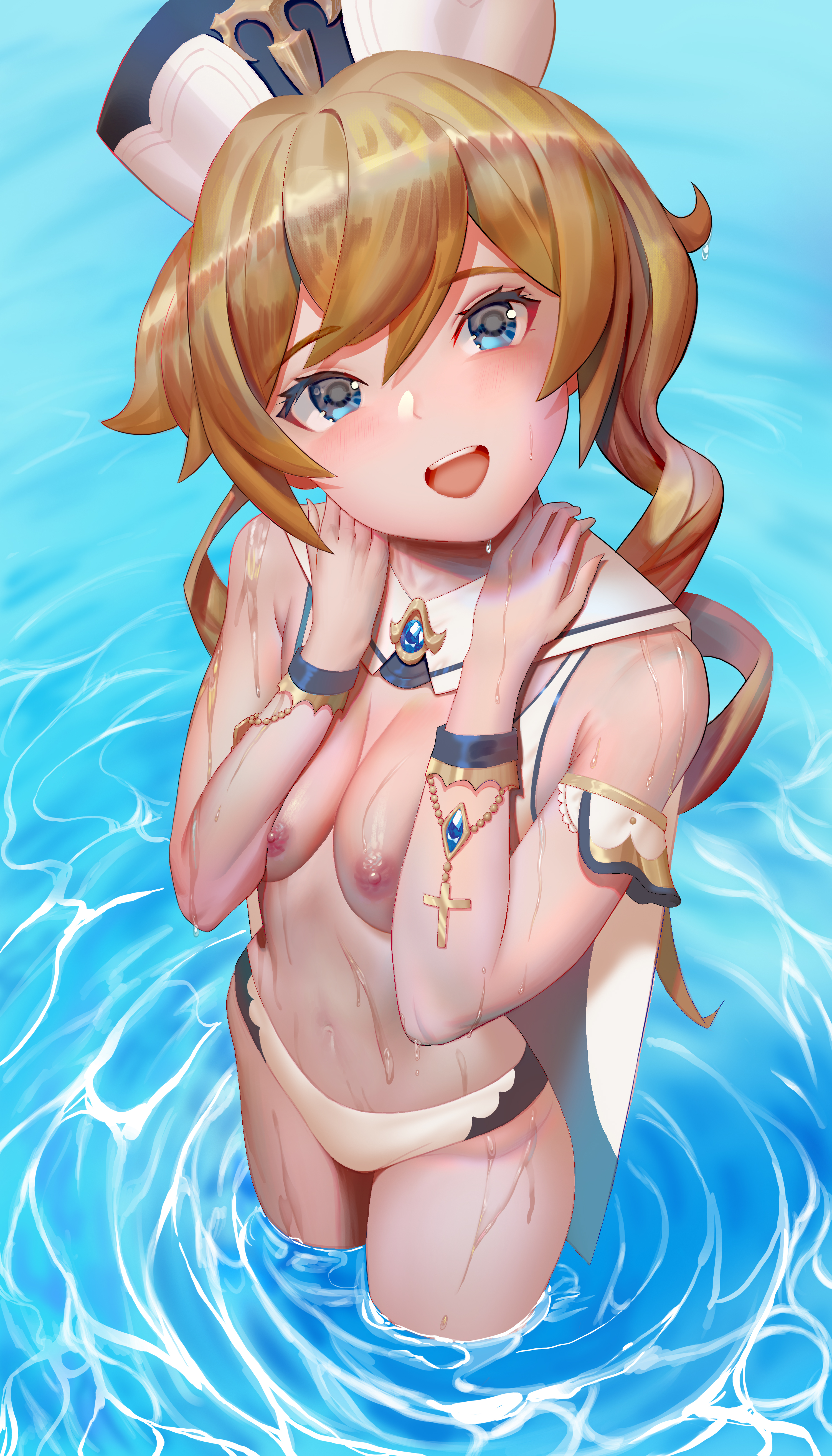 1girls, baeksen, barbara (genshin impact), bathing, bikini, blonde hair, blue eyes, blush, breasts, cross, cute, erect nipples, female, female only, genshin impact, hat, hi res, looking at viewer, medium breasts, nipples, nun, smile, topless, water, wet