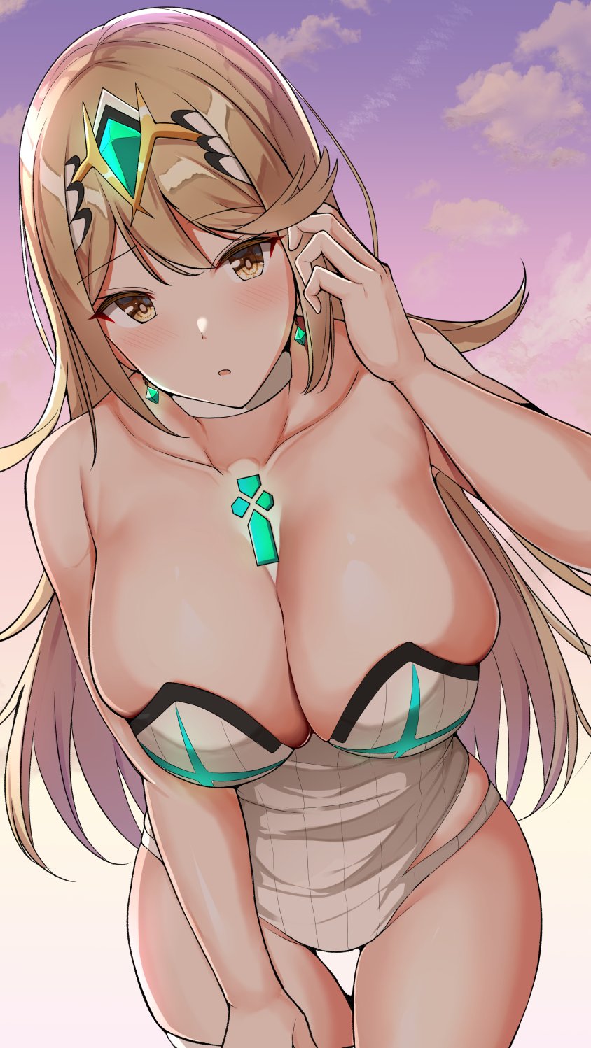 bent_over breasts female looking_at_viewer mythra nintendo noeomi solo tagme xenoblade_(series) xenoblade_chronicles_2