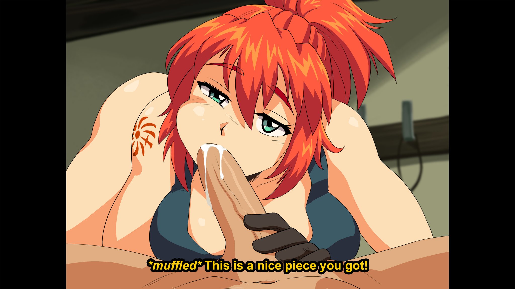 1boy, 1girls, ass, ass up, blowjob, cum, cum in mouth, dirtyero (artist), english text, fellatio, female, gloves, green eyes, holding penis, looking at viewer, male, mouth bulge, orange hair, penis, pillarbox, ponytail, pov, pov eye contact, retro artstyle, sucking penis, tagme, tattoo, text