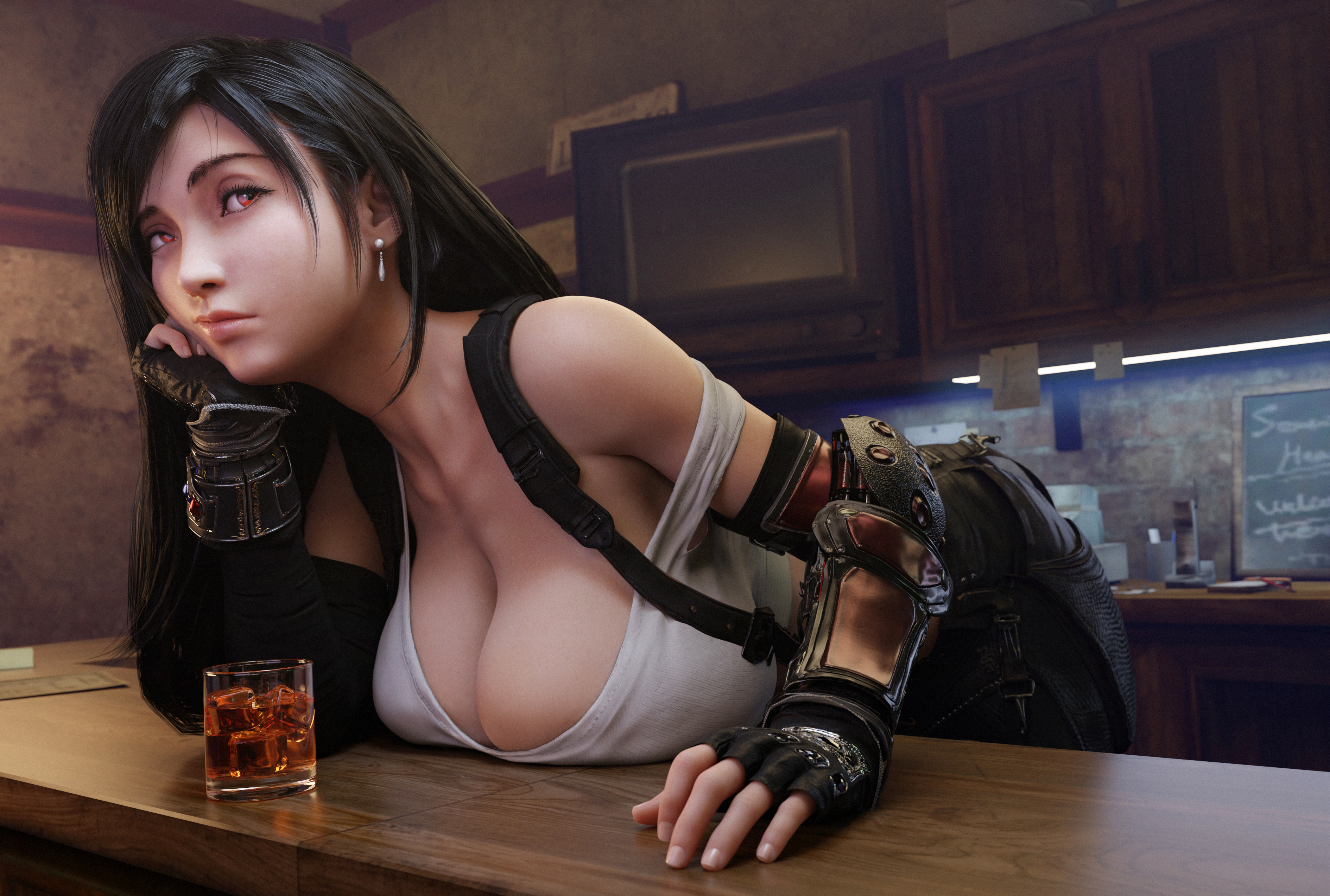 1girls, 3d, alcohol, batesz, big breasts, black hair, blender, bored, breasts, breasts on table, cleavage, clothed, earrings, female, female only, final fantasy, final fantasy vii, final fantasy vii remake, large breasts, leaning on elbow, long hair, off shoulder, red eyes, solo, tifa lockhart