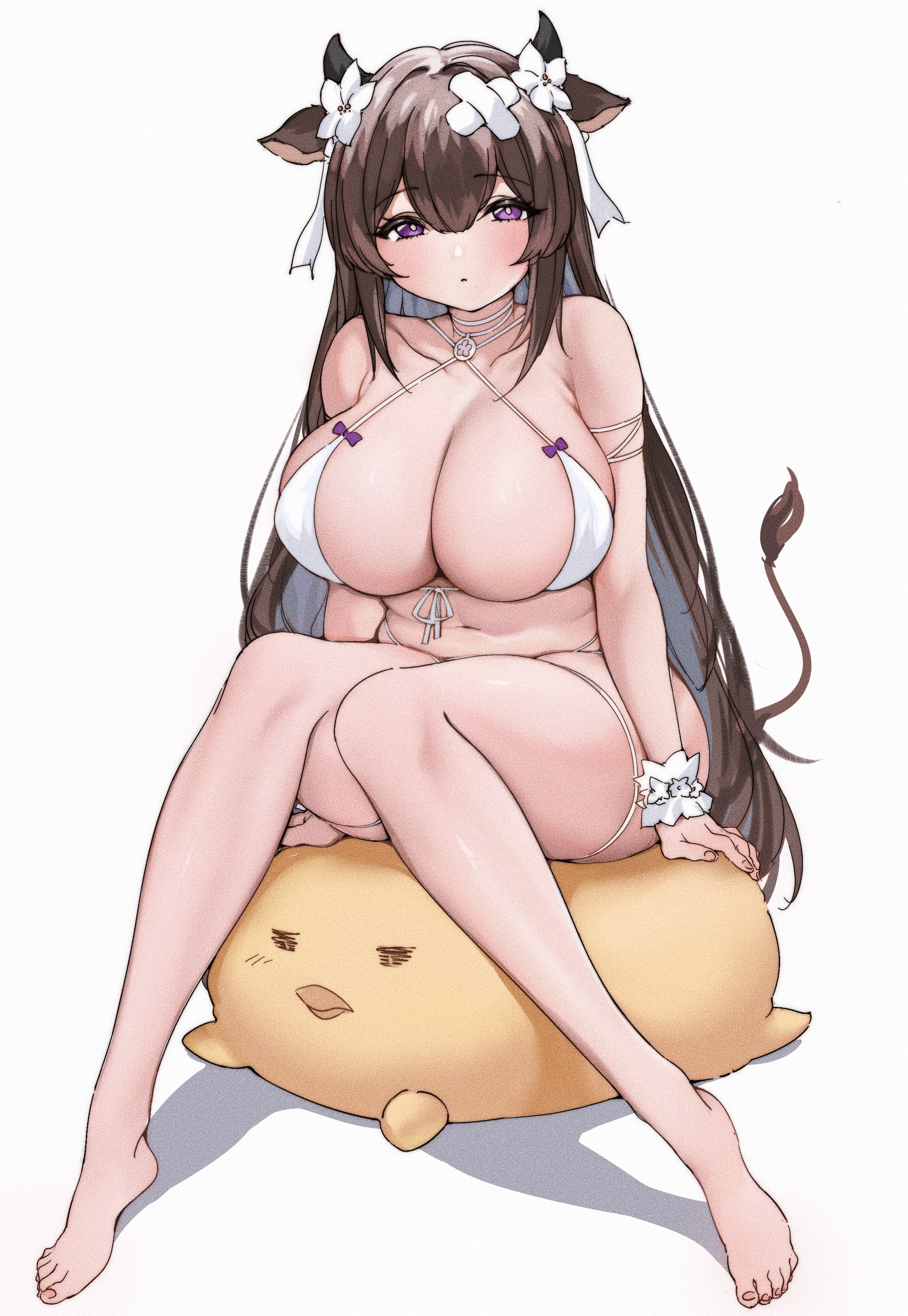 1animal, 1girls, absurdres, animal ears, azur lane, bandaid, bandaid on head, barefoot, bikini, blush, breasts, brown hair, cleavage, commentary, cow ears, cow horns, cow tail, criss-cross halter, english commentary, expressionless, eyebrows visible through hair, female, flower, full body, hair between eyes, hair flower, hair ornament, hair ribbon, halterneck, highres, horns, kashino (azur lane), kashino (hot springs relaxation) (azur lane), knees together feet apart, lamsass, large breasts, light skin, light-skinned female, long hair, looking at viewer, manjuu (azur lane), navel, official alternate costume, parted lips, purple eyes, ribbon, sakura empire (azur lane), simple background, sitting, solo, string bikini, swimsuit, tail, white background, white bikini, white ribbon, wrist cuffs