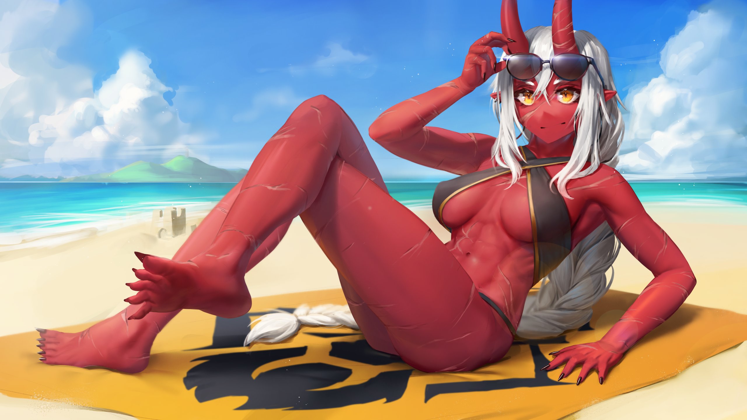 akumi, beach, bikini, breasts, demon, demon girl, demon horns, female, numanoan, red skin, scars, scars all over, tagme, underboob, virtual youtuber, vyugen, white hair