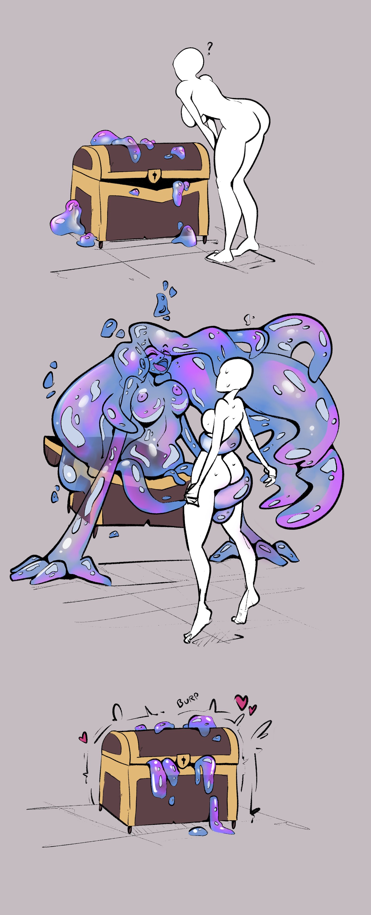 anon, ass, commission, dungeons and dragons, faceless female, female, implied rape, mimic, mimic chest, nude, orebb, original, pulled by another, rape, restrained, see-through, slime, slime girl, surprised, treasure chest, vore, wizards of the coast