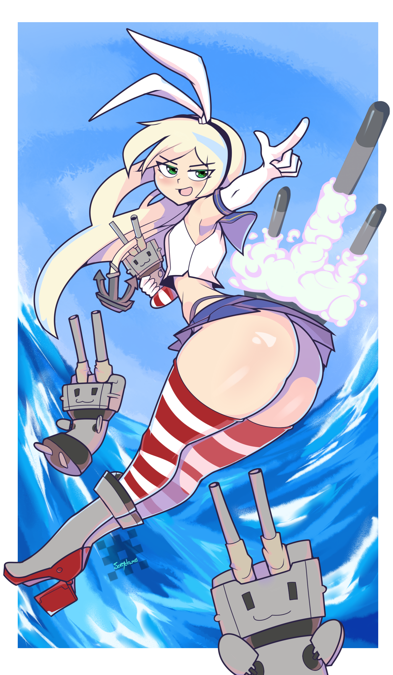 2019, ass, blonde hair, blush, boots, border, bottom heavy, breasts, crop top, elbow gloves, eyebrows visible through hair, female, full body, gloves, green eyes, hair ribbon, hairband, hi res, high heel boots, high heels, highres, huge ass, joeydrawss, kantai collection, legs, long hair, midriff, miniskirt, narrow shoulders, open mouth, pear shaped, petite, pleated skirt, pointing, ribbon, shimakaze (kantai collection), skirt, small breasts, smile, striped, striped legwear, thick thighs, thighhighs, thighs, thin arms, thin waist, thunder thighs, water, white border, white gloves, wide hips