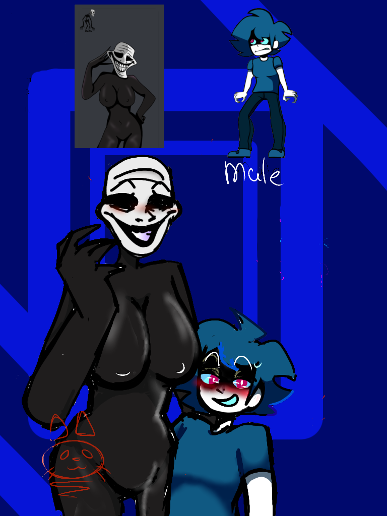 1boy 1girls analog_horror big_breasts black_body black_eyes blue_hair fnf_mods friday_night_funkin genderswap meme monster_girl nightmare_waifu pink_eyes rule_63 starving_artist_(rebecca_doodles) trollge