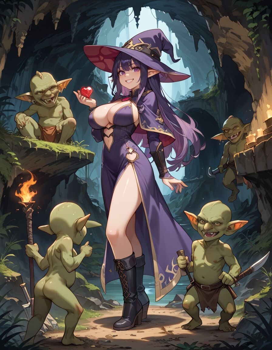 ai_generated cleavage cleavage_dress elf elf_ears goblin goblin_male heart-shaped_gem historyia male/female original original_character pointy_ears purple_dress purple_eyes purple_hair straight thigh_slit witch witch_gem_disaster witch_hat