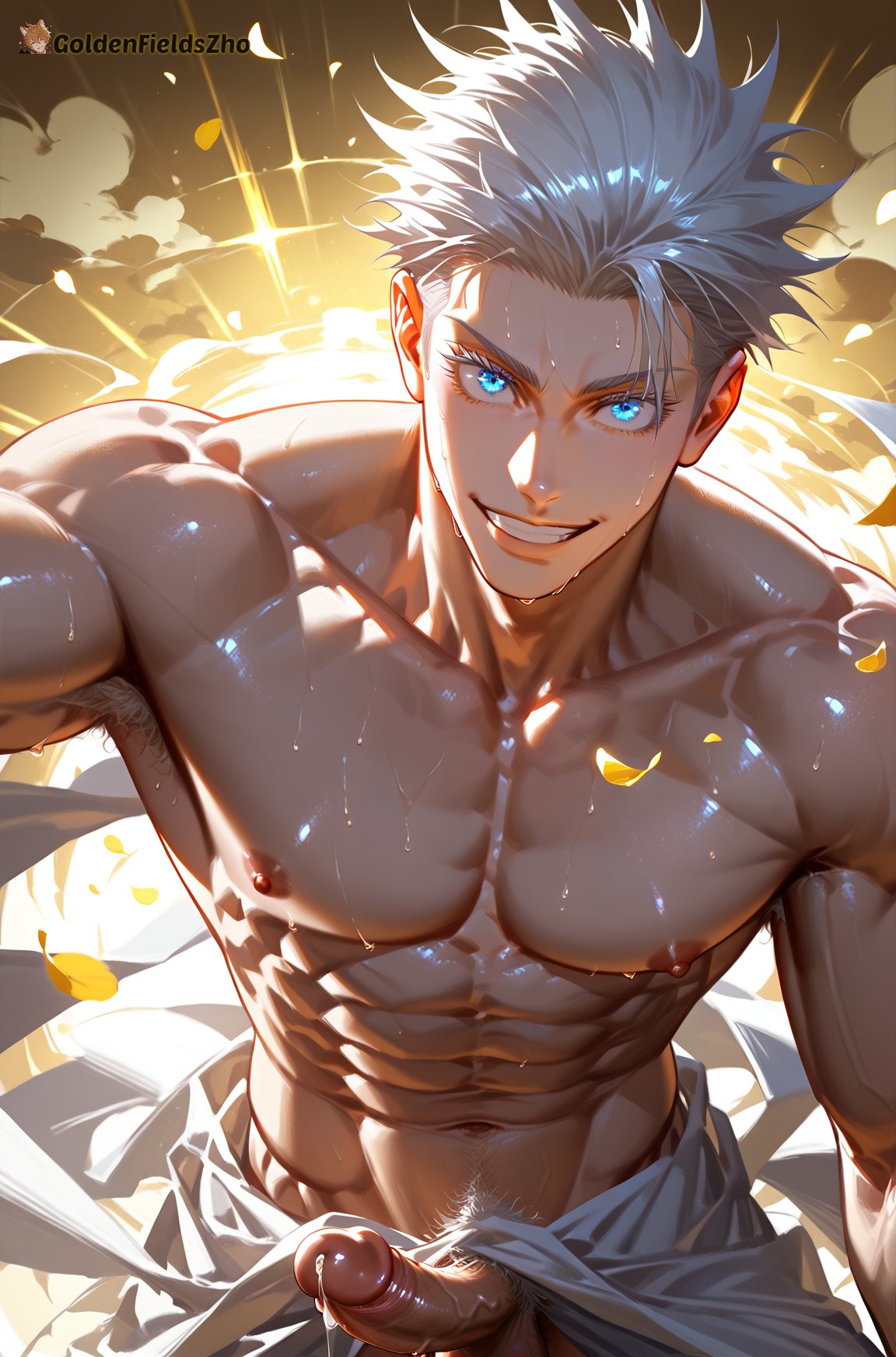 1boy abs ai_generated bara blue_eyes clouds erection goldenfieldszho jujutsu_kaisen large_pectorals looking_at_viewer male_focus male_only male_pubic_hair muscular muscular_male navel nipples pectorals penis petals pubic_hair satoru_gojo short_hair smile solo sweat teeth testicles uncensored white_hair