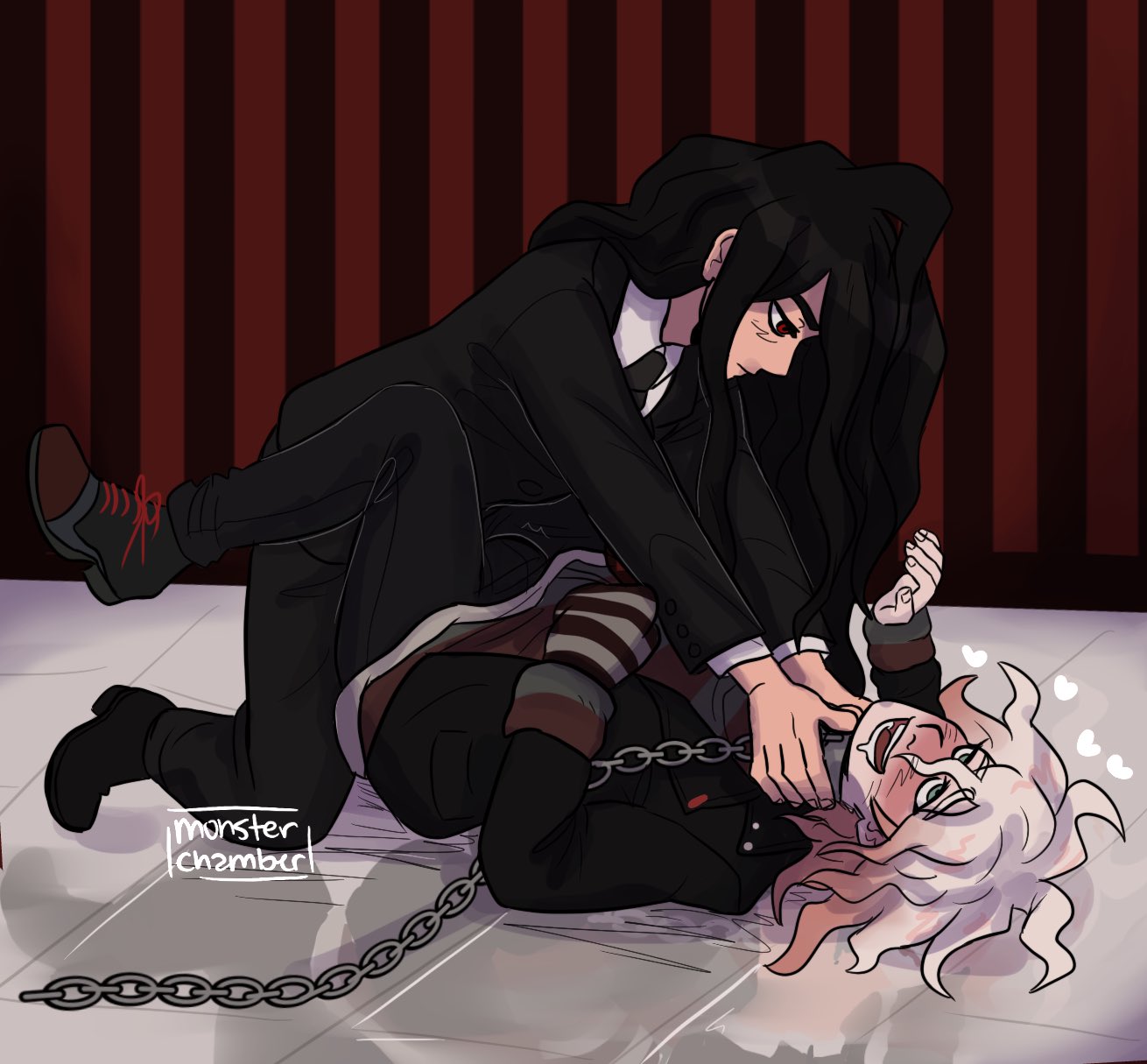 2boys black_hair blush choking clothed collar danganronpa danganronpa_ultra_despair_girls domination drooling gay green_eyes izuru_kamukura light_skin looking_pleasured male male/male male_only monsterchamber nagito_komaeda on_floor red_eyes servant_(danganronpa) straight_hair suit two_tone_hair white_hair yaoi