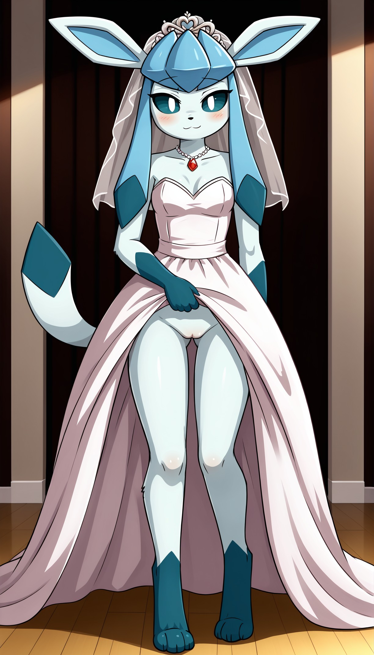 1girls, 2024, ai generated, anthro, blue eyes, blue fur, blushing, digitigrade, dress lift, eeveelution, female, female only, flashing, flashing pussy, generation 4 pokemon, glaceon, hi res, indoors, innie pussy, looking at viewer, necklace, nintendo, no panties, pokemon, pokemon (species), pussy, smile, veil, wedding dress
