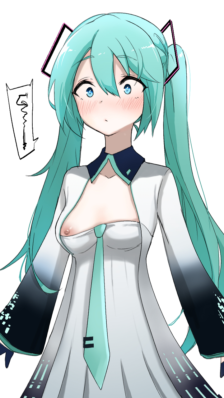 blush breast_slip breasts donkichikin downblouse dress female hatsune_miku highres necktie nipple_slip nipples no_bra ponytail simple_background solo surprised twintails underwear vocaloid white_background