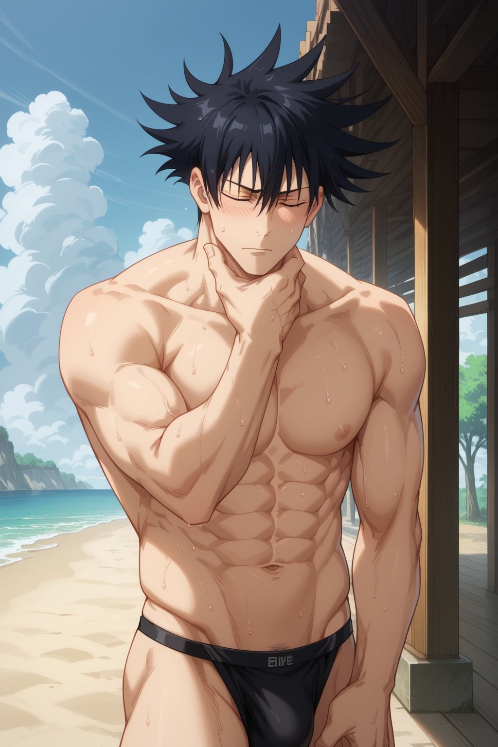 1boy abs ai_generated another_megumi bangs bara beach black_hair black_male_underwear blush bulge closed_eyes closed_mouth cloud cowboy_shot day fushiguro_megumi hair_between_eyes hand_on_own_chin jujutsu_kaisen large_pectorals male_focus male_pubic_hair male_swimwear male_underwear muscular muscular_male navel nipples outdoors pectorals short_hair shy sky solo spiked_hair sweat swim_briefs thighs topless_male underwear water