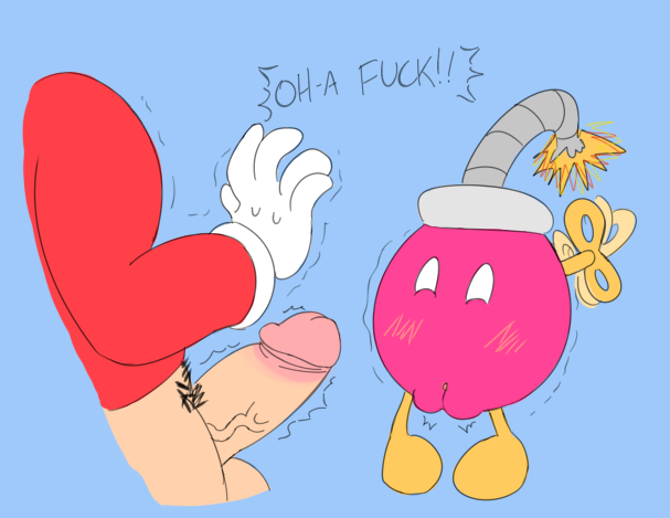 2017 blue_background blush blush_lines bob-omb bottomless clothed clothing digital_media_(artwork) duo english_text excited exclamation_point female fire genitals gloves handwear human living_bomb male male/female mammal mario mario_(series) nintendo partially_clothed pink_body plump_labia profanity pussy red_clothing red_shirt red_topwear roccorox shirt simple_background standing super_mario_64 text topwear waddling_head white_clothing white_eyes white_gloves white_handwear