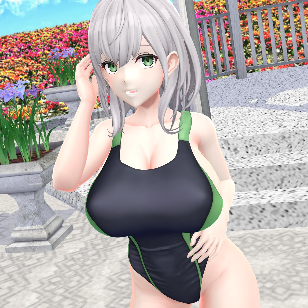 1girls 2024 3d_(artwork) big_breasts cleavage flower_field green_eyes hati_yukkuri_mmd hololive hololive_japan human light-skinned_female looking_at_viewer mmd outside shirogane_noel short_hair_female solo_female solo_focus swimsuit virtual_youtuber white_hair_female