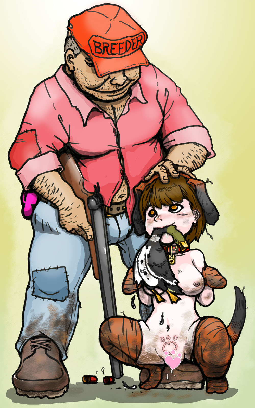 1boy 1girls age_difference animal_ears belt boots breasts_apart brown_hair buldge clothed_male_nude_female collar dead_animal dirty dog_collar dog_ears dog_tail drooling duck duck_hunt fake_animal_ears fat_man full_body gun hunter hunting hunting_dog jeans male navel nimbletail novelty_censor nude_female older_male original_character petgirl petplay petting pubic_tattoo questionable_consent red_headwear shotgun shotgun_shell simple_background small_areolae small_breasts small_nipples squatting stubble twig weapon