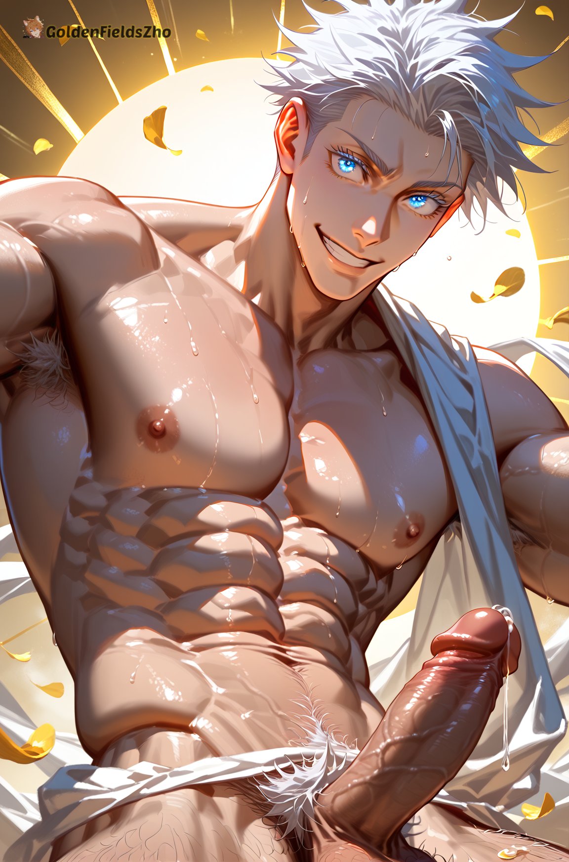 1boy abs ai_generated armpit_hair armpits bara blue_eyes erection falling_petals goldenfieldszho jujutsu_kaisen large_pectorals looking_at_viewer male_focus male_only male_pubic_hair muscular muscular_male navel nipples nude pectorals penis petals pubic_hair satoru_gojo short_hair smile solo sweat teeth testicles uncensored veins white_hair