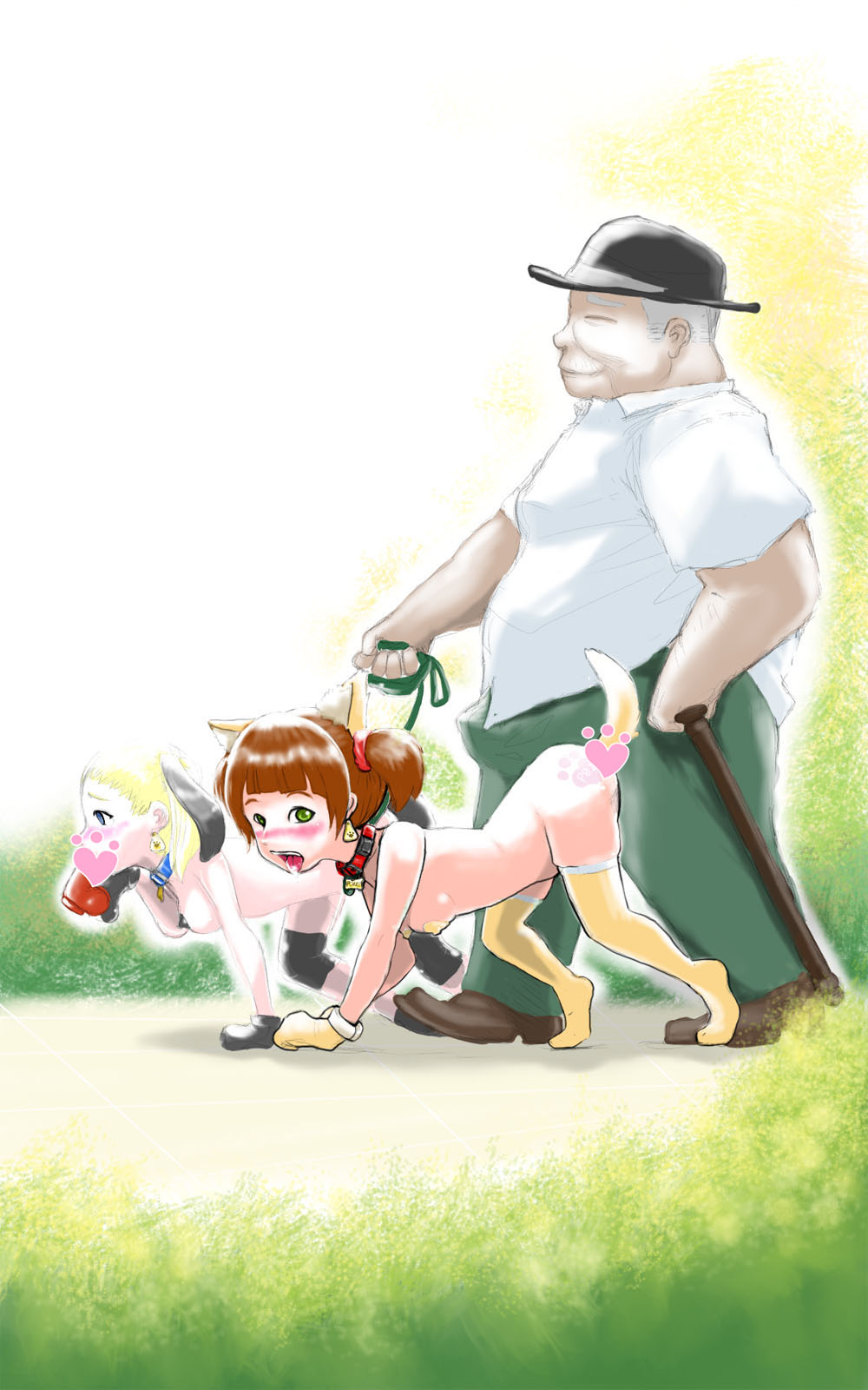 1boy, 2girls, age difference, animal ears, bitch taken for walk, clothed male nude female, fat male, female, leash, male, nimbletail, older male, outdoors, petplay, questionable consent, simple background