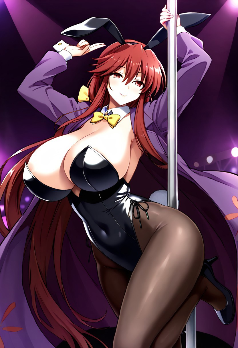 ai_generated black_bunnysuit black_thighhighs breasts bunny_ears bunny_suit bunnysuit hair_ribbon hairbow hips huge_breasts kotohime kotohime_(touhou) low-tied_long_hair nightclub open_clothes pole pole_dancer pole_dancing purple_coat purple_kimono red_eyes red_hair smile solo thighhighs thighs touhou touhou_(pc-98) yellow_bow yellow_ribbon