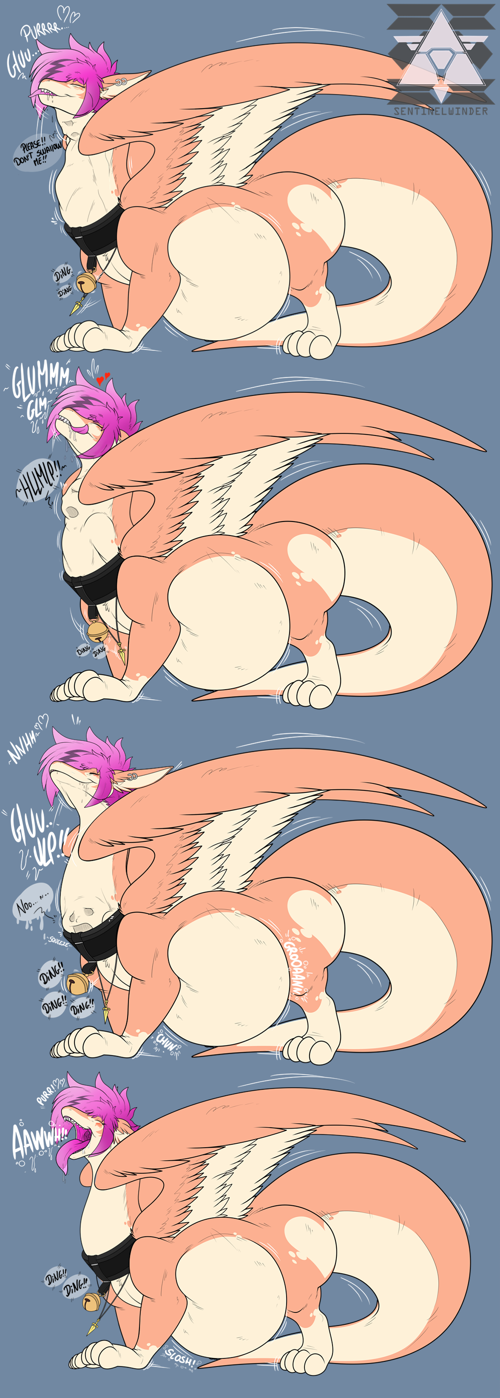 belly big_ass big_belly dragon face_imprint feathered_wings female_pred feral feral_pred human_prey kitty_dragon male_prey melody_(sentinelwinder) oral_vore pink_hair sentinelwinder swallowing tail thick_tail throat_bulge unwilling_prey vore willing_pred wings