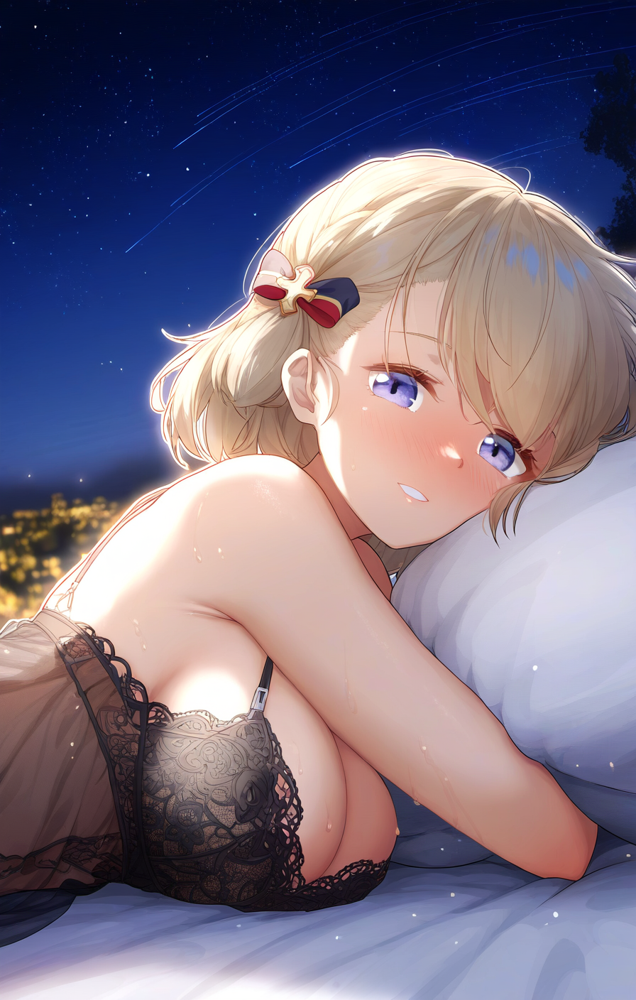 1girls after_sex ai_generated azur_lane black_negligee blonde_hair happy_smile light_blush looking_at_viewer medium_breasts night night_sky no_sex pillow pillow_talk purple_eyes short_hair wholesome wholesome_end z23_(azur_lane)