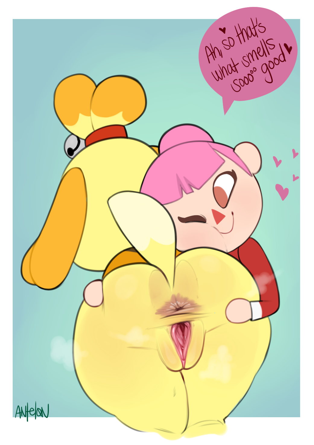 2girls, animal crossing, animal crossing girl, animal ears, antelon, anthro, anus, ass, ass focus, ass grab, ass sniffing, ass worship, assisted presentation, big ass, blue background, bottomless, butt hug, canine, clothed, clothing, dialogue, dog ears, dog tail, domestic dog, duo, english text, female, female face near ass, female only, fur, furry, gradient background, hands on ass, heart, human, isabelle (animal crossing), long sleeves, mammal, multiple females, multiple girls, musk, nintendo, one eye closed, partially clothed, pink hair, ponytail, pussy, raised tail, round ass, self upload, shih tzu, signature, smile, speech bubble, spread anus, spread pussy, spreading, tail, text, thick thighs, thighs, topwear, two-tone tail, uncensored, villager (animal crossing), white border, yellow body, yellow fur