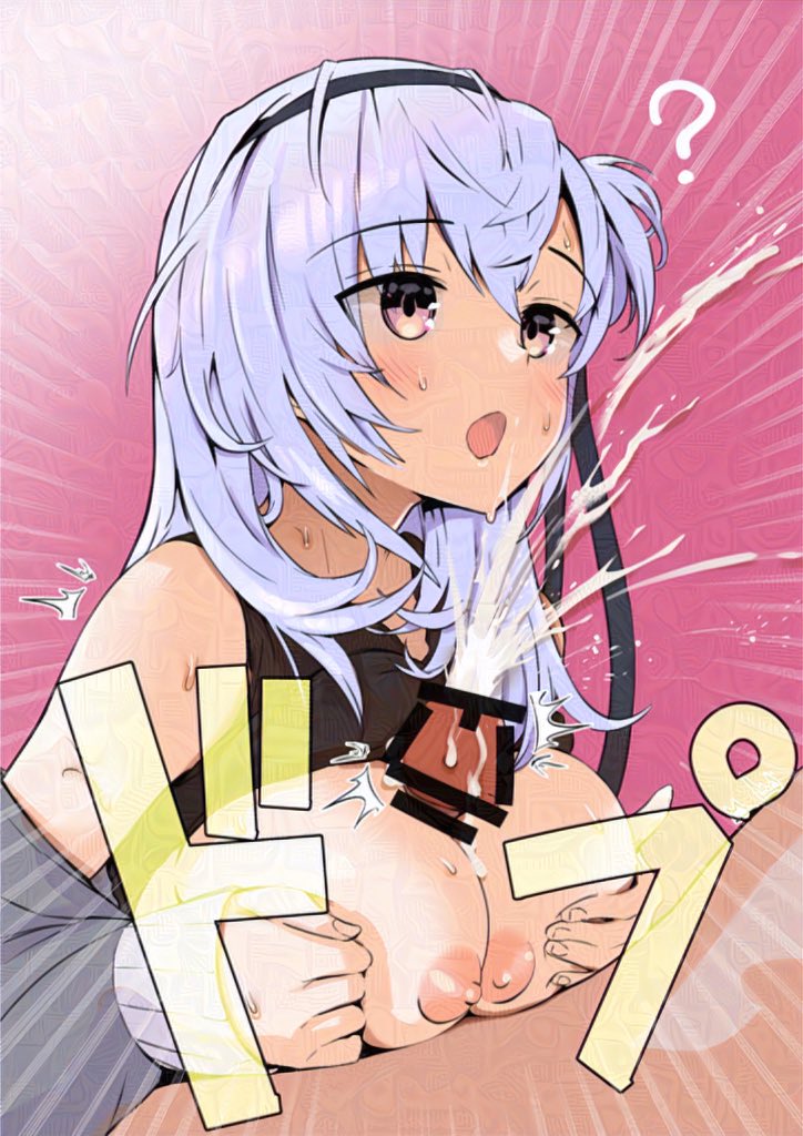 1boy asava_(hutaitenn) breasts breasts_squeezed_together brown_eyes cum cum_on_body cum_on_breasts ejaculation facial female grey_hair hachimaki headband kantai_collection male male/female nipples open_mouth paizuri side_ponytail solo_focus straight suzutsuki_(kantai_collection) tongue