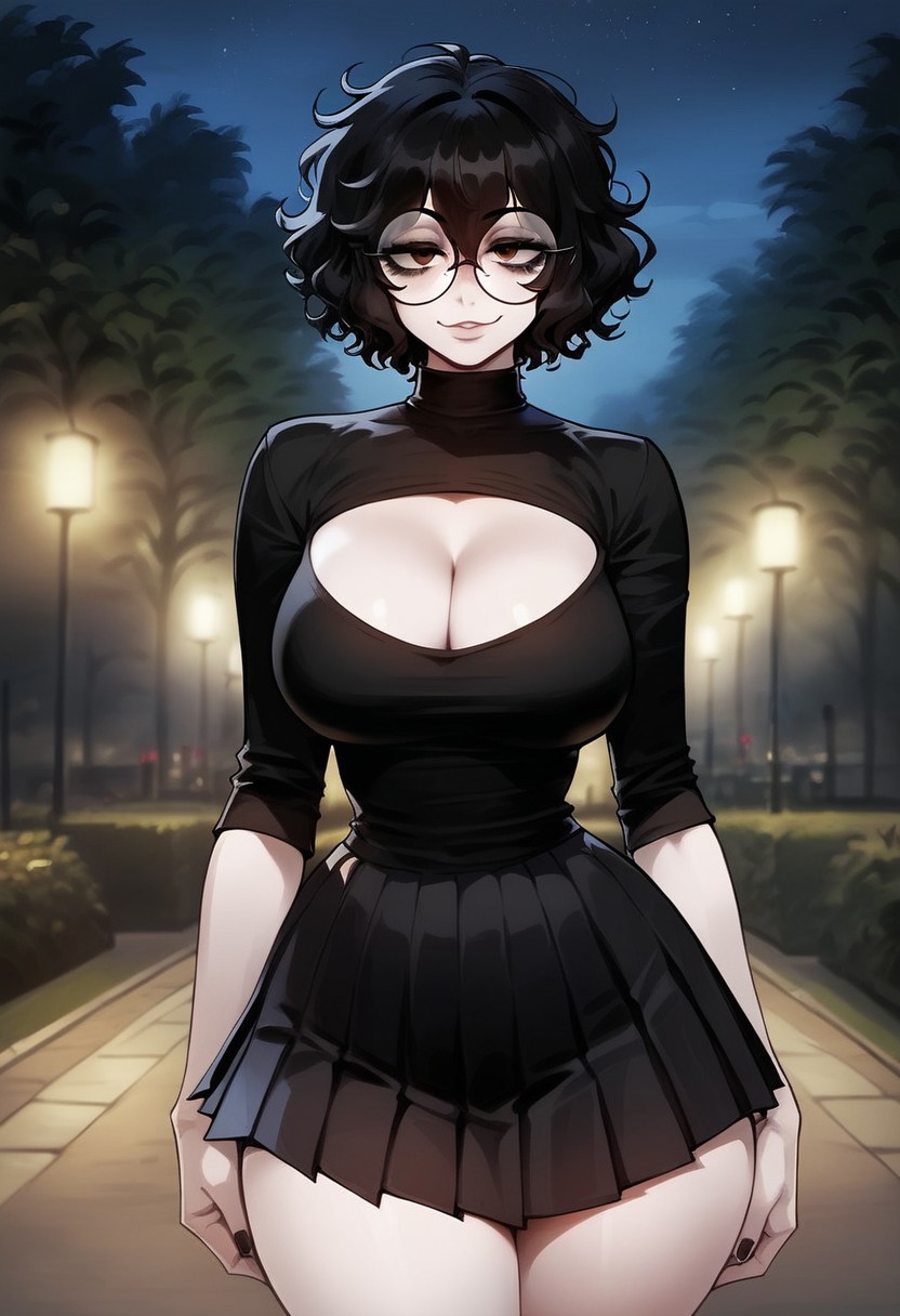 1girls ai_generated artstyle_imitation ass big_breasts black_hair breasts brown_eyes choker cleavage eyelashes eyeshadow glasses goth goth_girl gothic huge_breasts light-skinned_female messy messy_hair naughty naughty_face nerd night night_sky olie pale-skinned_female pleated_skirt round_glasses short_hair skirt thiccwithaq_(ai_style) thick_ass thick_legs thick_lips thick_thighs thighs turtleneck turtleneck_sweater wavy_hair xandr