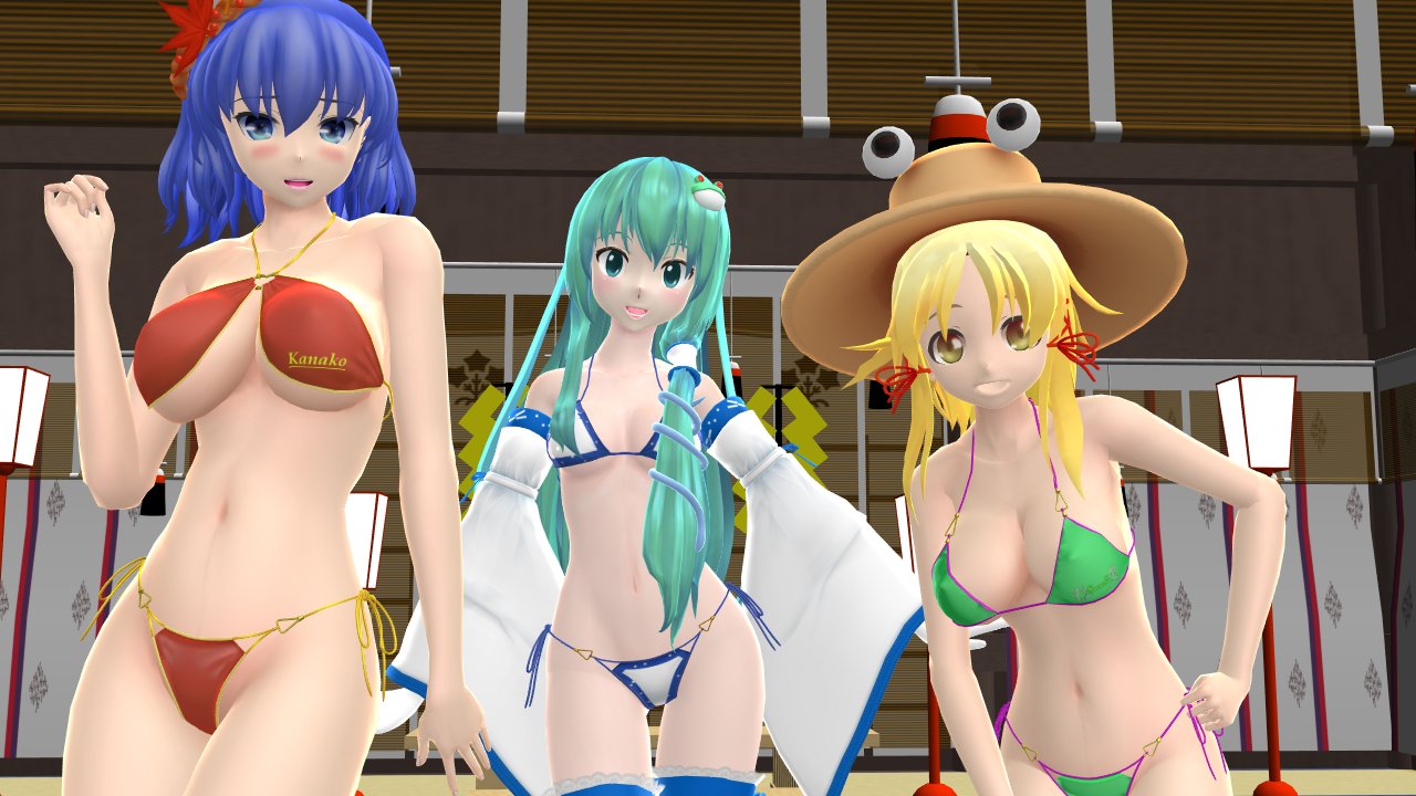 2023 3d_(artwork) 3girls armwear bikini blonde_hair_female blue_eyes blue_hair_female blue_string_bikini blush deity eyes frog_hair_ornament god green_bikini hat hati_yukkuri_mmd headwear human indoors kanako_yasaka light-skinned_female long_hair_female looking_at_viewer mmd mountain_of_faith orange_bikini pink_string_bikini sanae_kochiya shrine_maiden snake_hair_ornament suwako_moriya swimsuit teal_eyes teal_hair touhou trio_focus yellow_eyes yellow_string_bikini