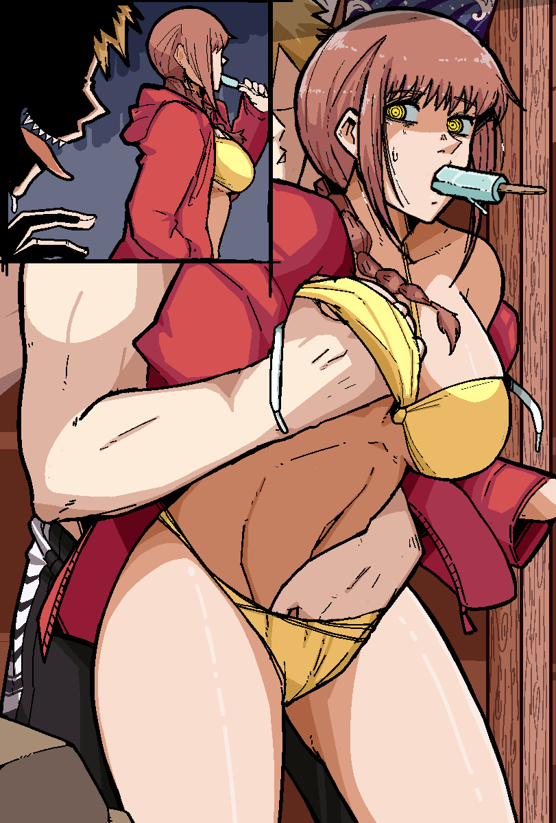1boy, 1girls, big breasts, bikini, blonde hair, braided hair, breast grab, breasts, chainsaw man, denji (chainsaw man), female, grabbing from behind, hand in another's panties, hand in panties, looking back, makima (chainsaw man), male, mark gavatino, popsicle, red hair, red-haired female, sharp teeth, short hair, thick thighs, thighs, yellow eyes