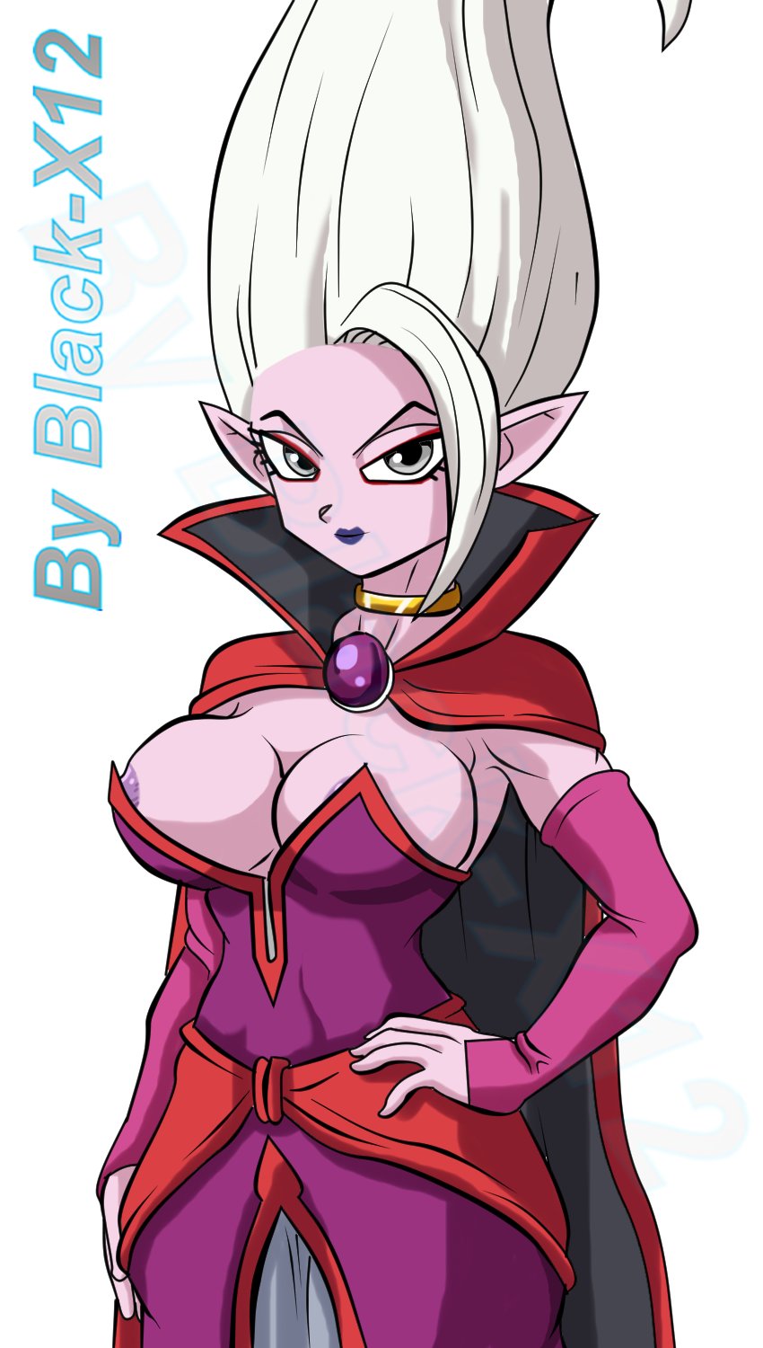 areola_slip artist_logo artist_name black-x12 cape closed_mouth colored_skin dr._arinsu dragon_ball dragon_ball_daima female grey_eyes highres looking_at_viewer pointy_ears purple_brooch purple_skin red_cape signature solo watermark white_background white_hair