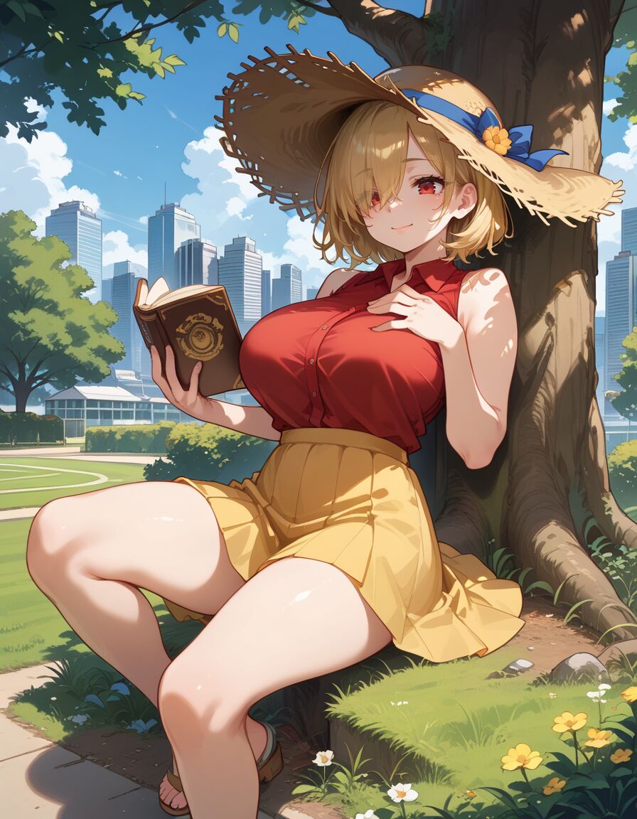 ai_generated blonde_hair book curvy historyia original original_character outdoors short_hair tree witch_gem_disaster