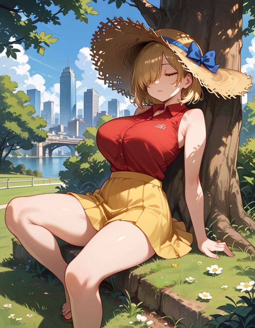 ai_generated blonde_hair curvy historyia original original_character outdoors short_hair sleeping tree witch_gem_disaster