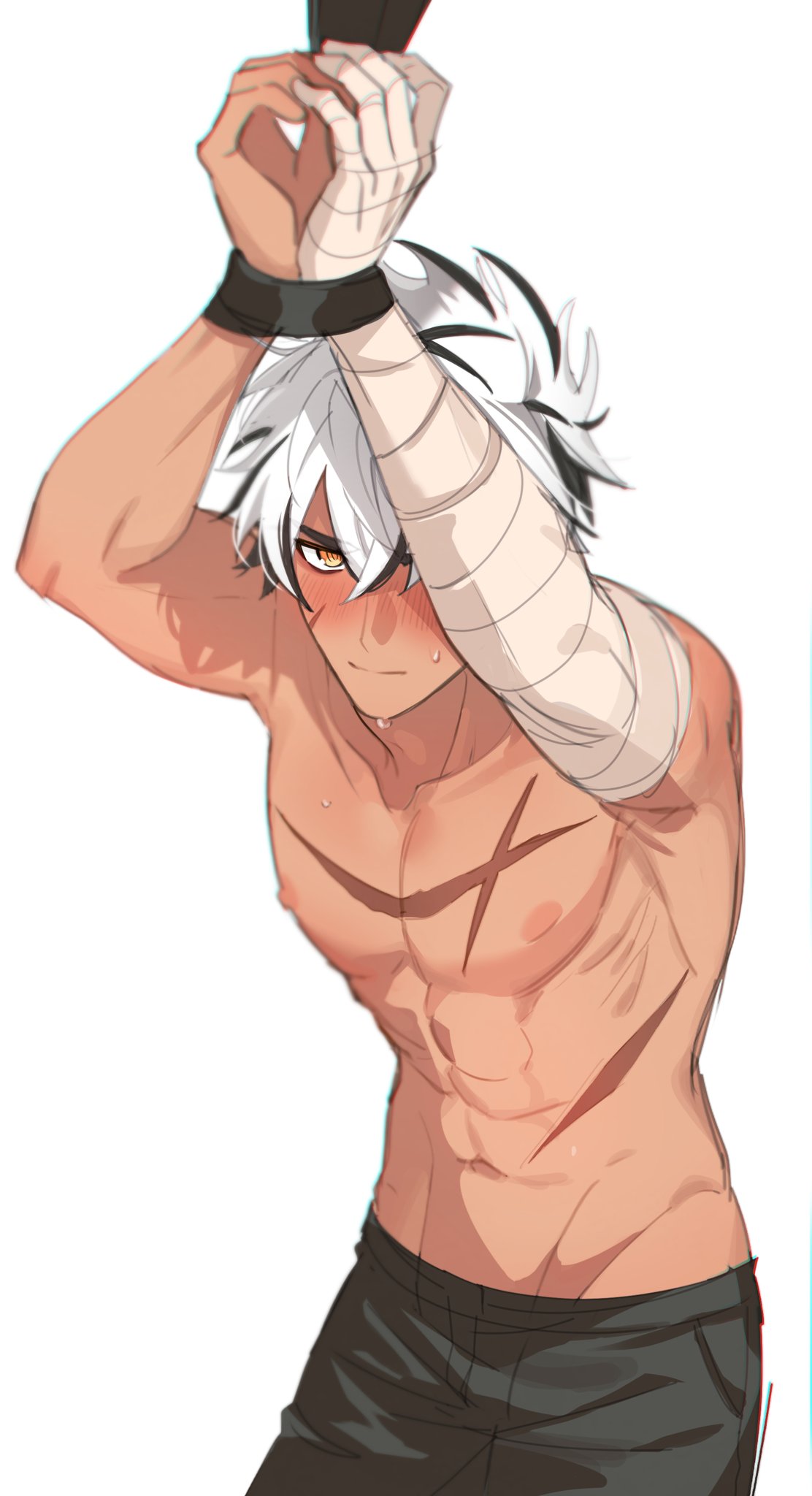 1boy abs arm_bandages arms_tied_above_head bandaged_arm black_and_white_hair blush chest_scar elsword flushed flushed_face gay looking_at_viewer male_only muscular muscular_chest muscular_male muscular_pecs nexon nexon_(company) nipples no_shirt pants pants_only raven_(elsword) scars scars_on_chest shirtless shirtless_male solo_male sweat sweatdrop sweating tied_hands tied_up yaoi yellow_eyes