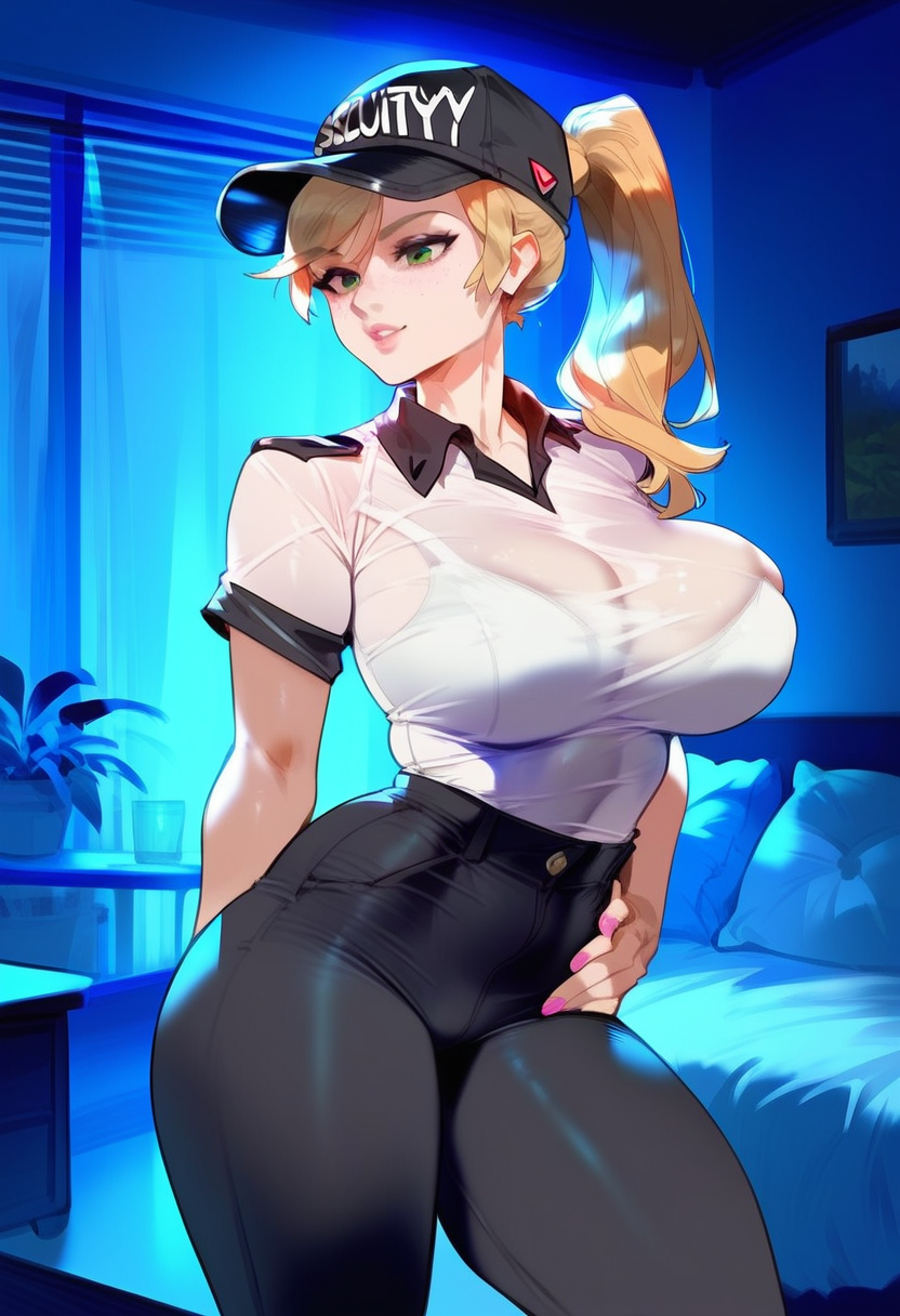 2d ai_generated big_breasts black_hat black_pants blonde_hair blonde_hair_female female_focus female_only five_nights_at_freddy's five_nights_at_freddy's:_security_breach fnaf hat indoors night pants ponytail ponytail_female shirt solo solo_female solo_focus tagme vanessa_(fnaf)