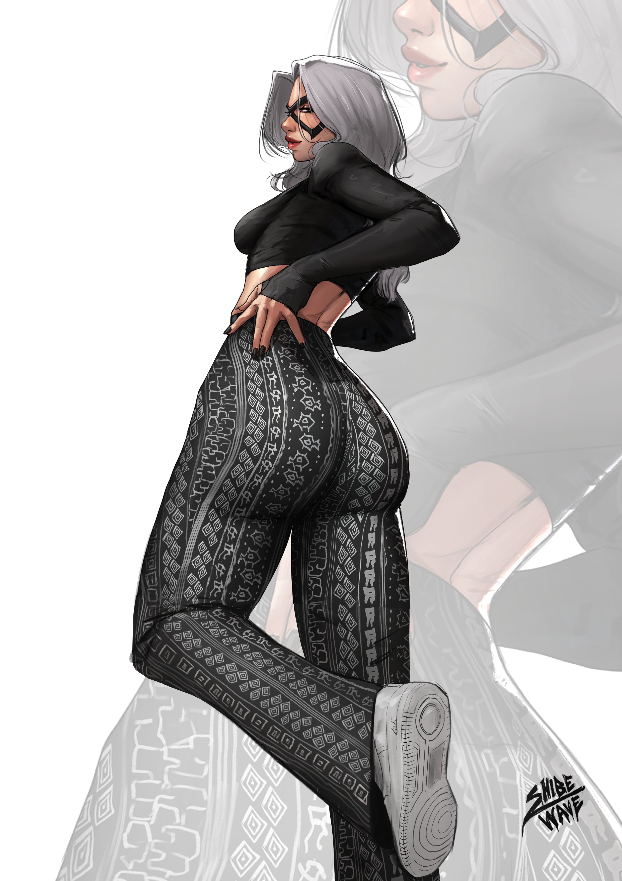 1girls, 2025, ass, ass focus, big ass, black cat (marvel), black legwear, felicia hardy, female, flare pants, forbidden pants, fully clothed, leggings, looking at viewer, marvel, marvel comics, nike, shibewave, skintight, sneakers, solo, spider-man (series), tight clothing, white background, white hair, white sneakers, wide hips