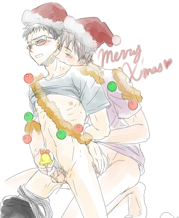 censored christmas garland gay glasses handjob junpei_hyuga kiyoshi_teppei kuroko_no_basuke male_only novelty_censor sada_noriko santa_hat short_hair yaoi