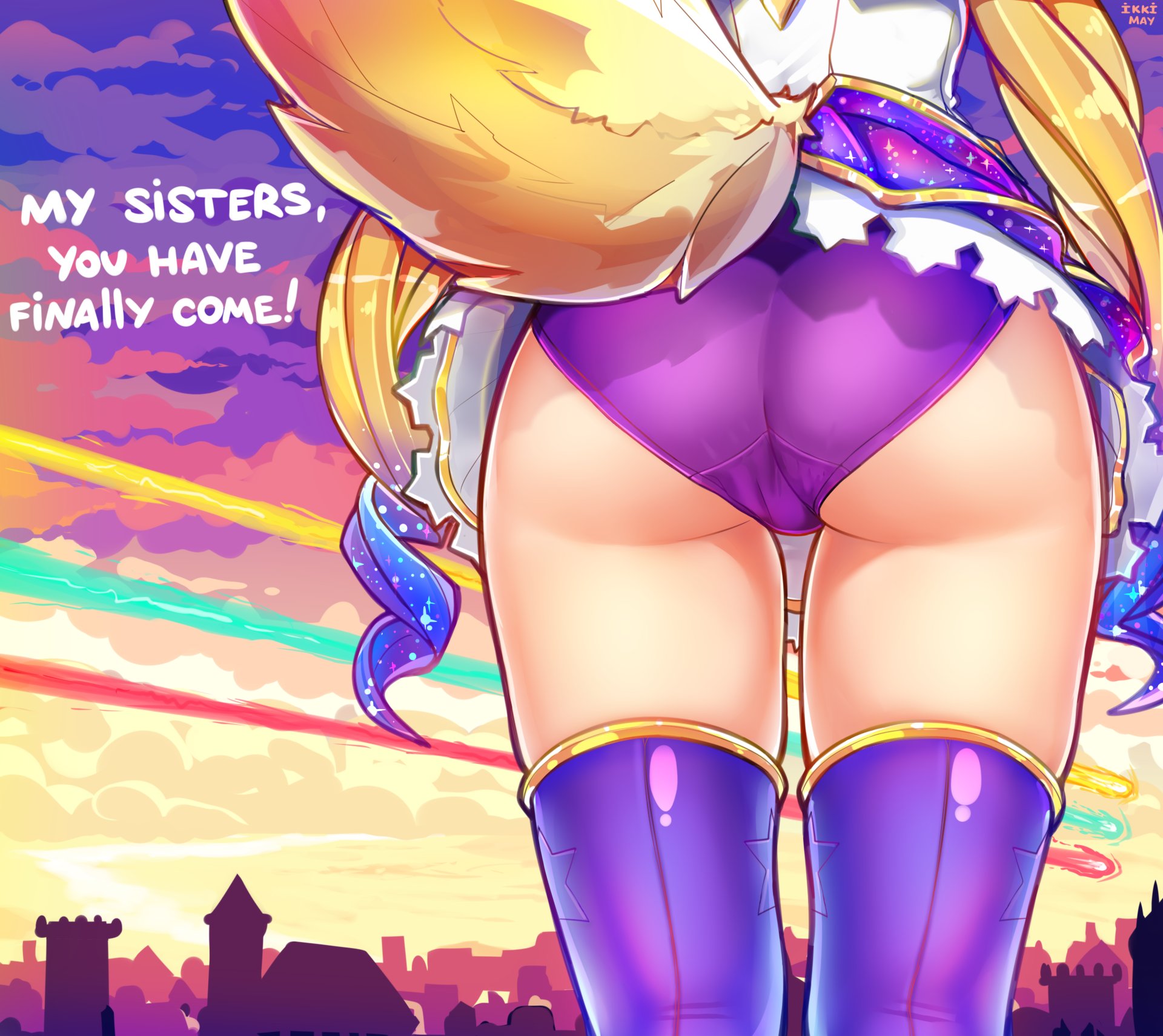 1girls, alternate costume, ass, behind view, female, female only, fox girl, fox tail, from behind, ikkimay, io (paladins), jpeg, legs, magical girl, paladins, panties, pantyshot, purple panties, solo, stellar protector io, thick thighs, thighhighs, thighs, upskirt, wardrobe malfunction