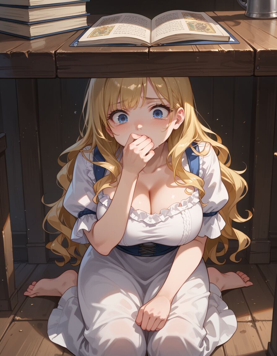 ai_generated blonde_hair cleavage hiding historyia kneeling long_hair original original_character peasant_dress scared tears under_the_table witch_gem_disaster