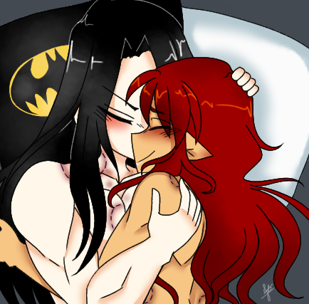 1boy 1girls after_sex bitemarks black_hair blush cuddling dc dc_comics dick_grayson female kisses koriand'r male muscles naked nightwing pale_skin red_hair starfire tan_skin teen_titans