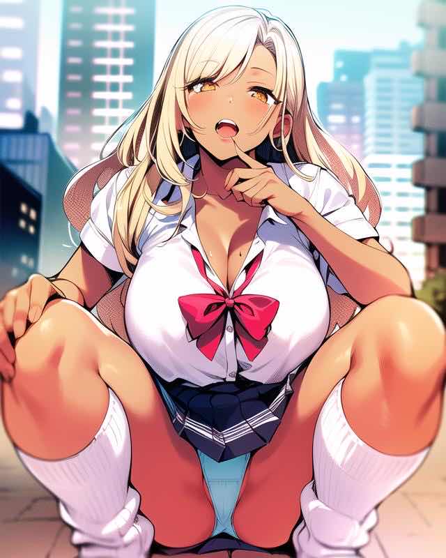 ai_generated baka_dakedo_chinchin_shaburu_no_dake_wa_jouzu_na_chii-chan blonde_hair city_background cityscape cleavage curvy hentai high_resolution highres huge_breasts looking_at_viewer nai_diffusion outdoors panties pov school_uniform schoolgirl schoolgirl_uniform shiina_chieri shiny_clothes shiny_hair shiny_skin skyrimgamer17 squatting stable_diffusion thick_thighs wide_hips yellow_eyes