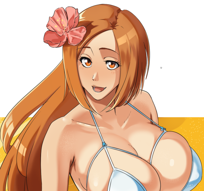 bare_shoulders bikini bleach bleach:_epilogue blush breasts brown_eyes castell cleavage collarbone female huge_breasts inoue_orihime long_hair official_alternate_costume open_mouth orange_hair swimsuit upper_body white_bikini