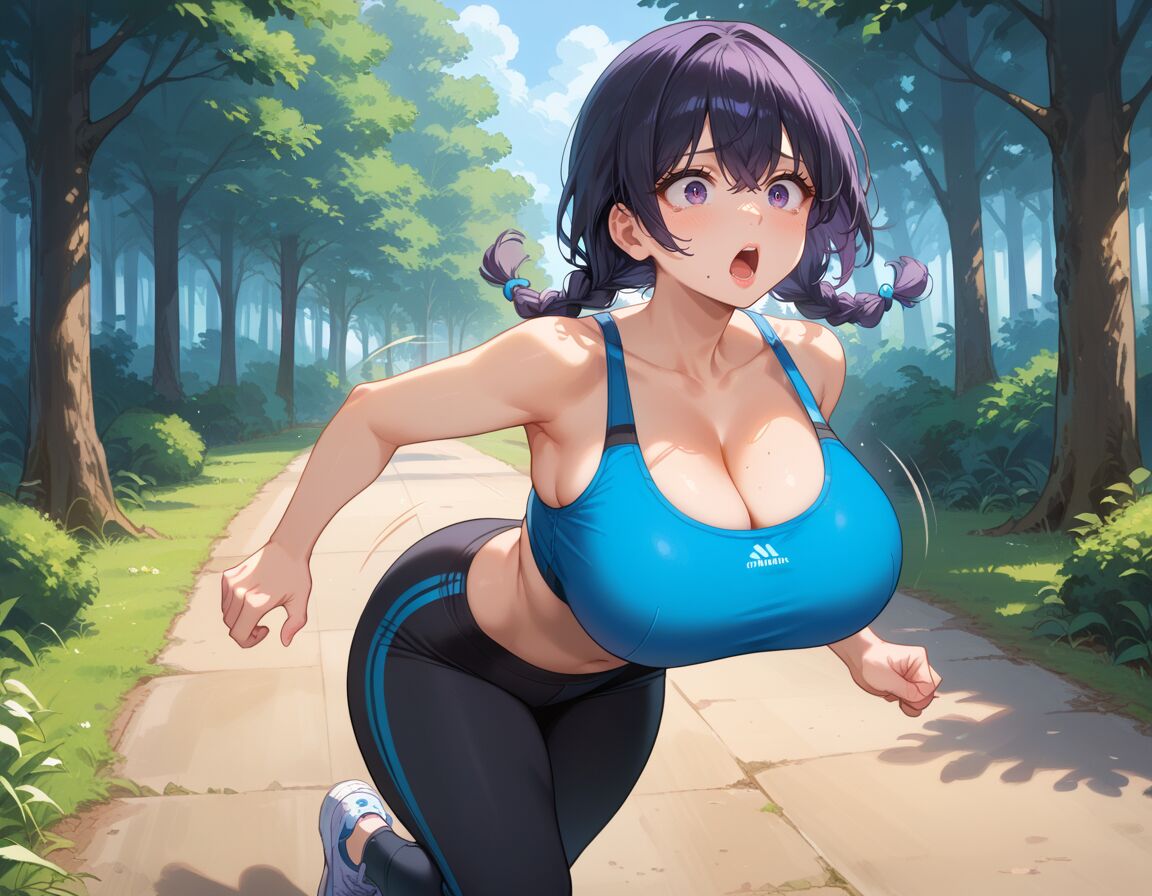 ai_generated bouncing_breasts historyia jogging leggings original original_character outdoors sports_bra yoga_pants