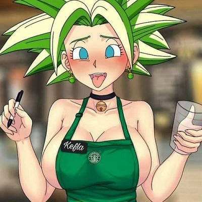 1:1, big breasts, blue eyes, breasts, dragon ball, dragon ball super, female, female saiyan, fusion, green hair, iced latte with breast milk, kefla, large breasts, legendary super saiyan, lowres, meme, potara earrings, saiyan, starbucks, super saiyan, super saiyan 2, universe 6/universe 7