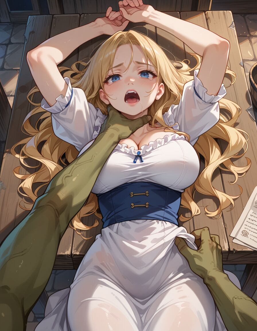 ai_generated blonde_hair choking cleavage goblin goblin_male historyia long_hair on_back on_table original original_character peasant_dress scared tears witch_gem_disaster