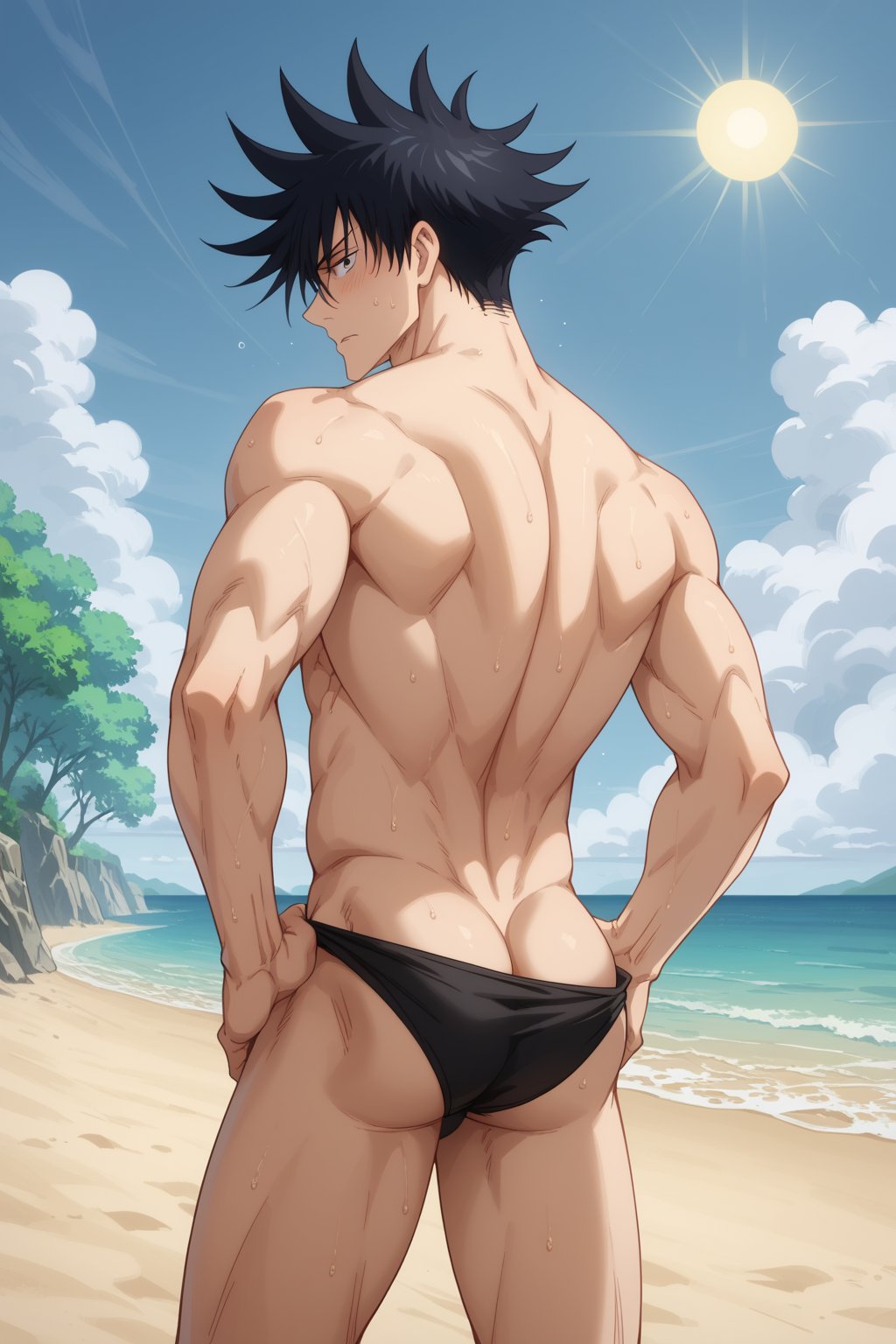 1boy ai_generated another_megumi ass back bangs bara beach black_hair blue_eyes blush butt_crack closed_mouth cloud day embarrassed from_behind fushiguro_megumi jujutsu_kaisen looking_back male_focus male_swimwear median_furrow muscular muscular_male ocean outdoors short_hair sky solo spiked_hair sun sweat swim_briefs thighs topless_male water wet