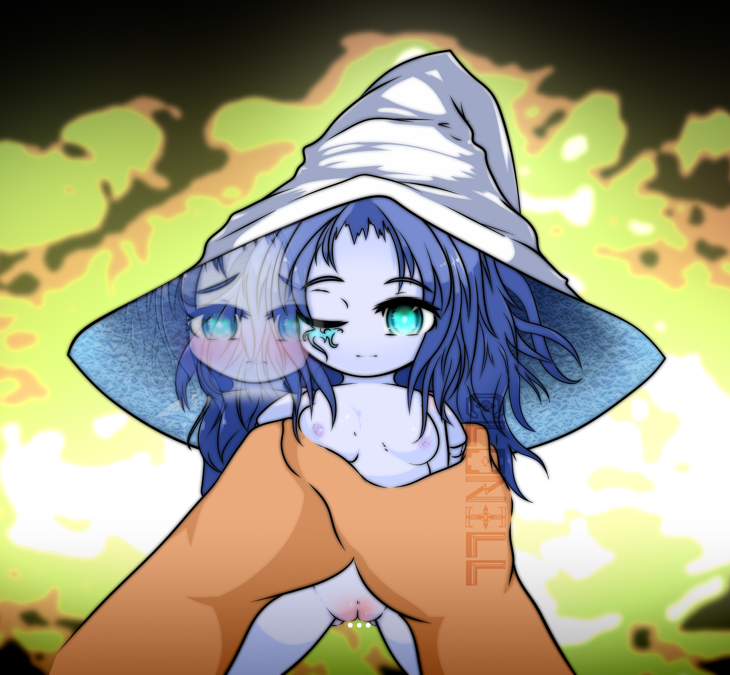 1girls, 2d, areolae, blue eyes, blue skin, breasts, cute, elden ring, female, fromsoftware, held in hand, interspecies, medium breasts, micro female, miniature ranni, no nose, nude, nude female, pov, pussy, ranni the witch, size difference, smaller female, tarnished, vulva, witch hat, クロニル