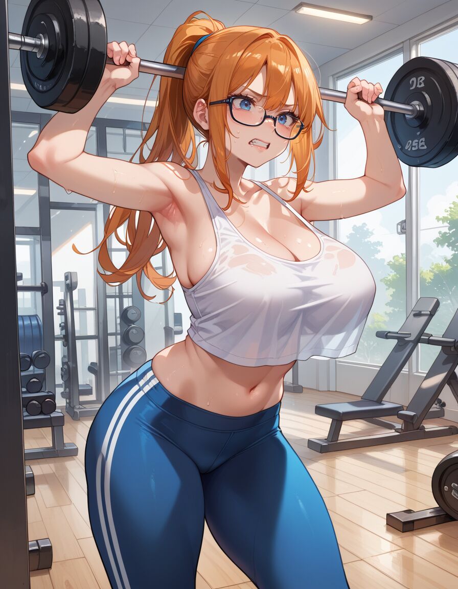 ai_generated female glasses gym historyia jpeg leggings lifting_weights long_hair original original_character ponytail red_hair standing tank_top weightlifting witch_gem_disaster yoga_pants