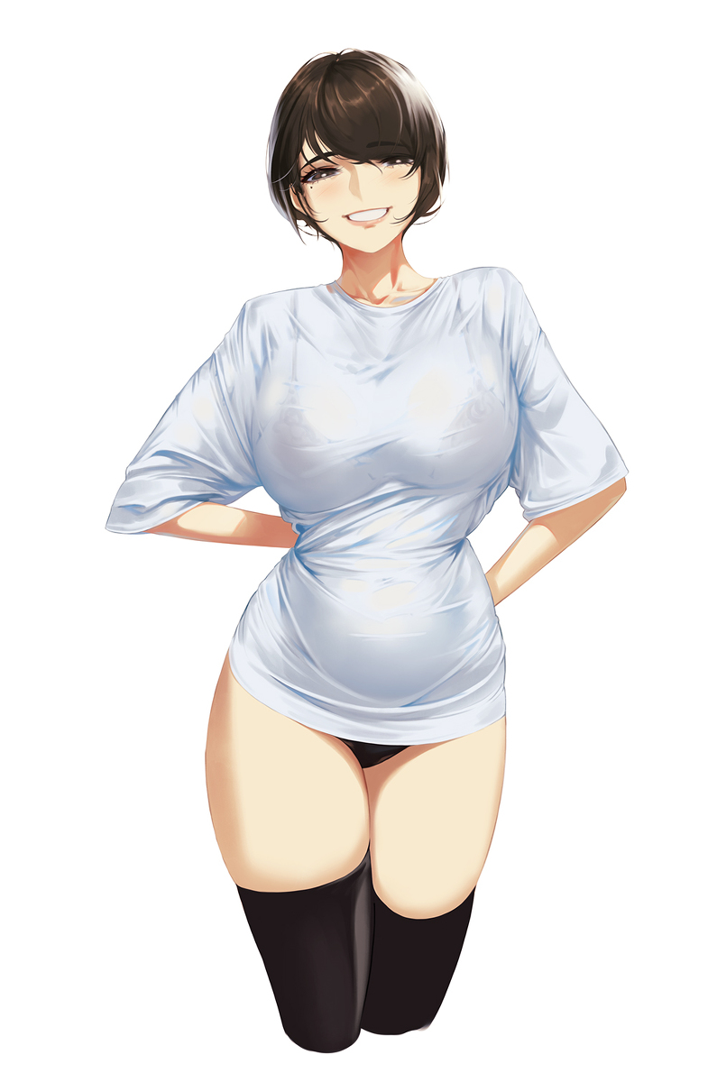 black panties, blueorca, clothes pull, female, female only, loose clothes, mole under eye, smile, solo, stockings, tagme, thick thighs, thighhighs, white shirt